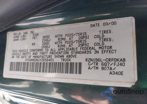 2000 Toyota Tacoma Prerunner из США, поврежденный, VIN 4TASM92N1YZ656401